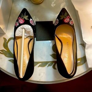 Never worn Allegra James suede heel with flower design